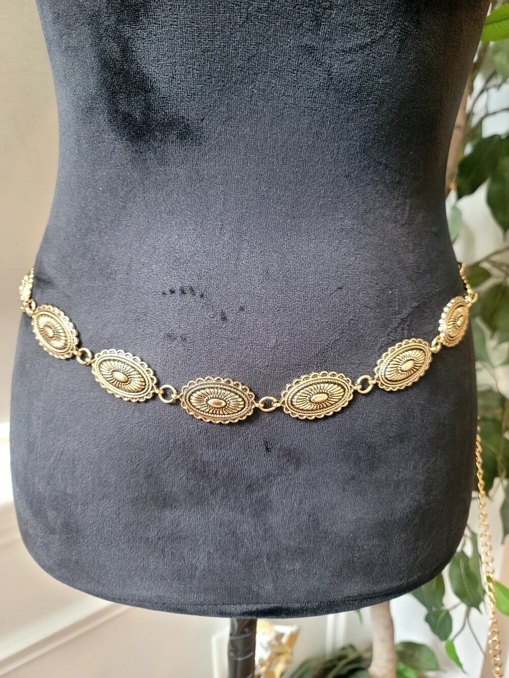Vintage Gold Tone Concho Chain Belt Western Boho Adjustable Disc Link Waist